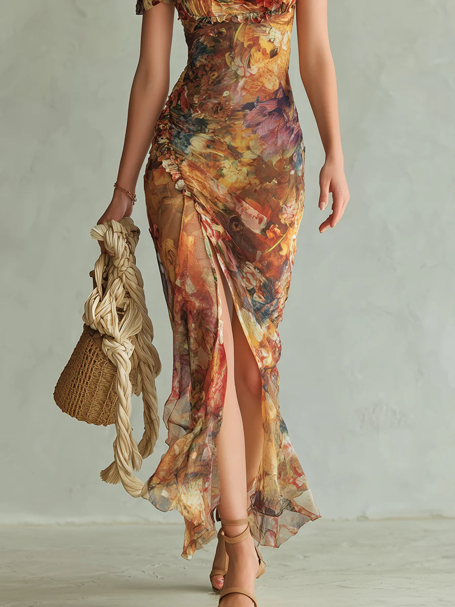 Orange Bohemisk Semester Oljemålning Tryck Chiffon Maxi Klänning