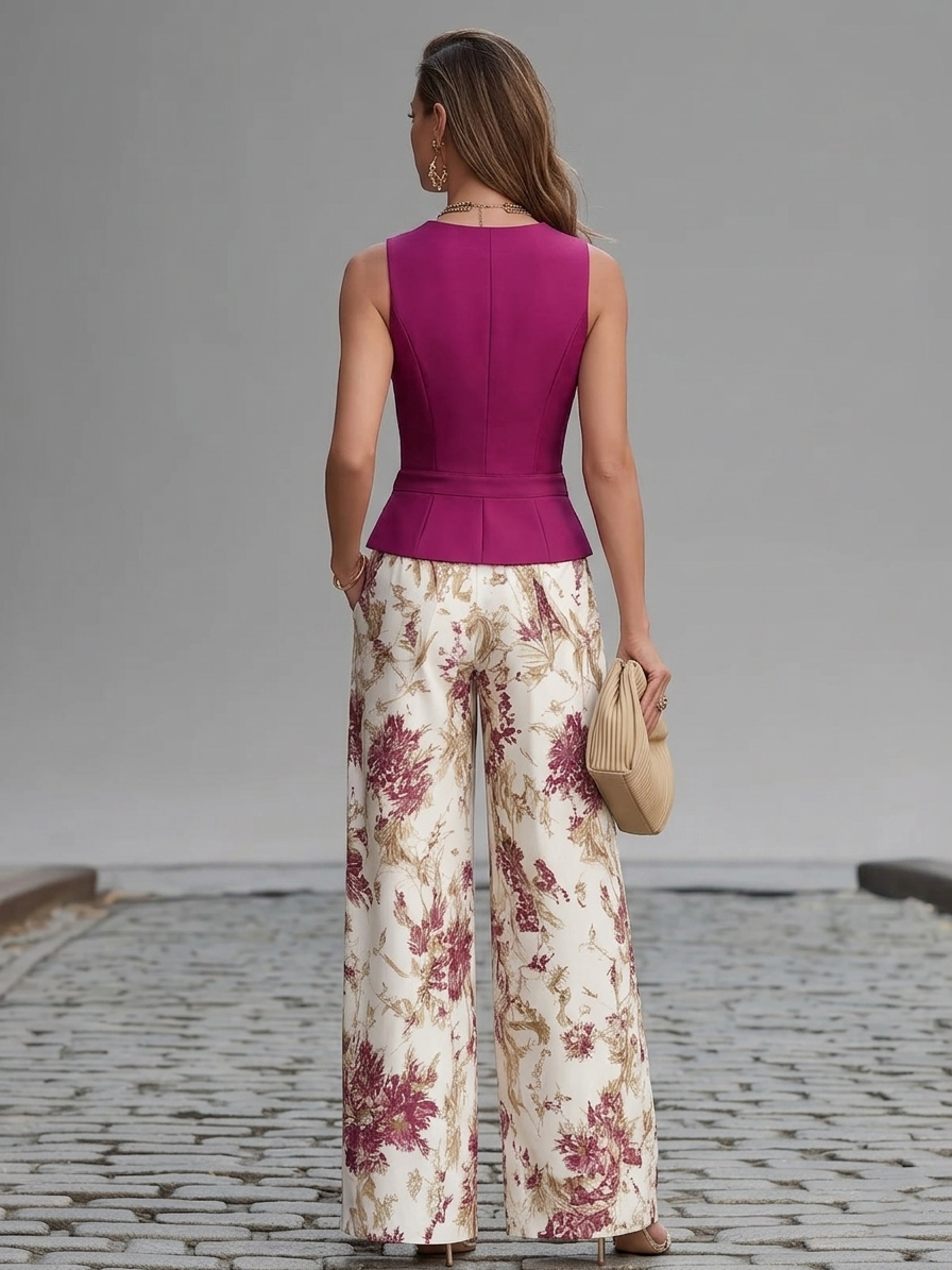 Rosa Pink Ärm-lös Väst Och Blommig Tryckt Vida Byxor Set