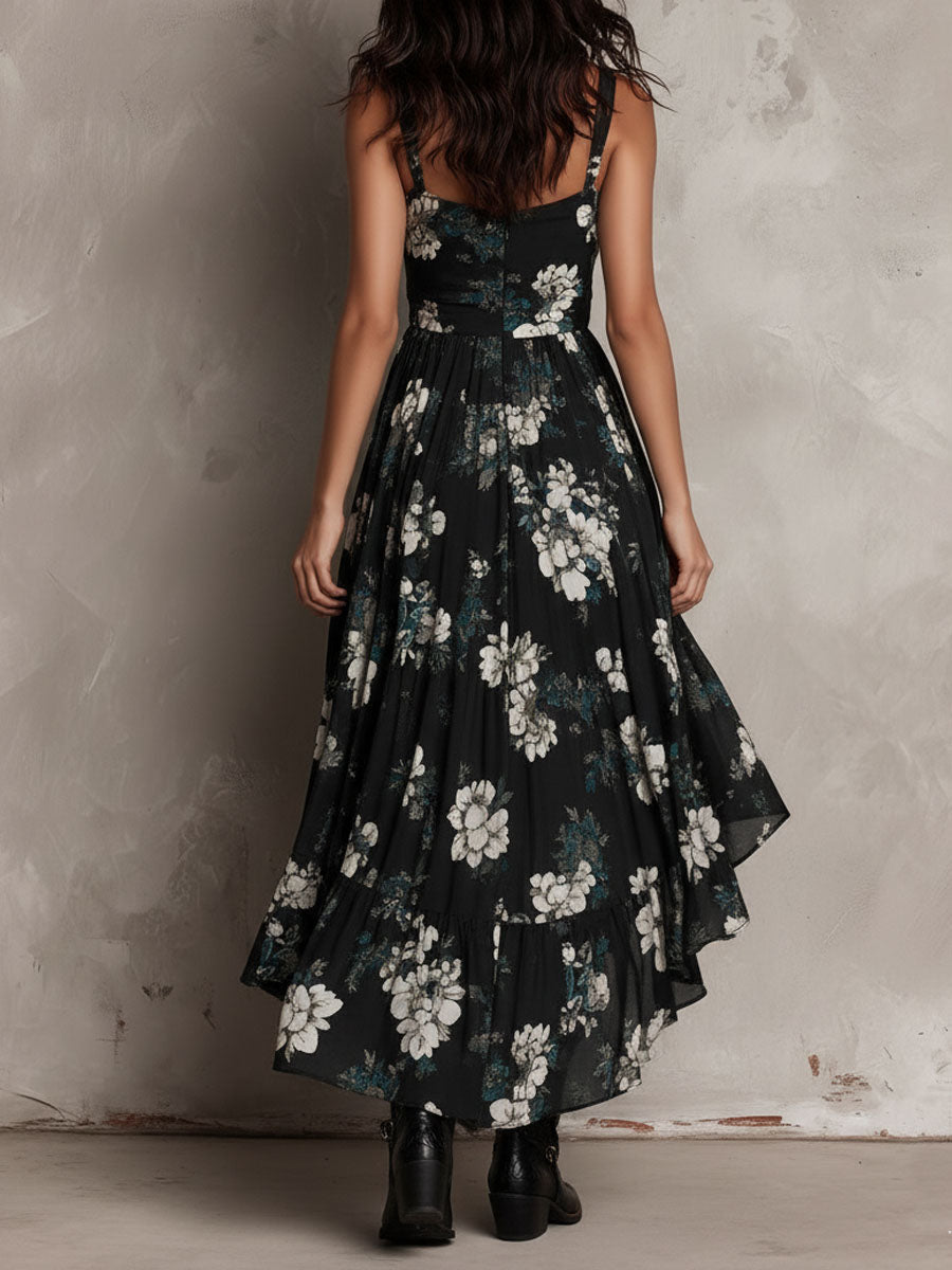 Svart Bohemisk Blommig Tryckt Oregelbunden Strapless Maxi Klänning