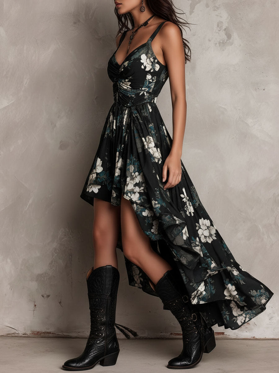 Svart Bohemisk Blommig Tryckt Oregelbunden Strapless Maxi Klänning