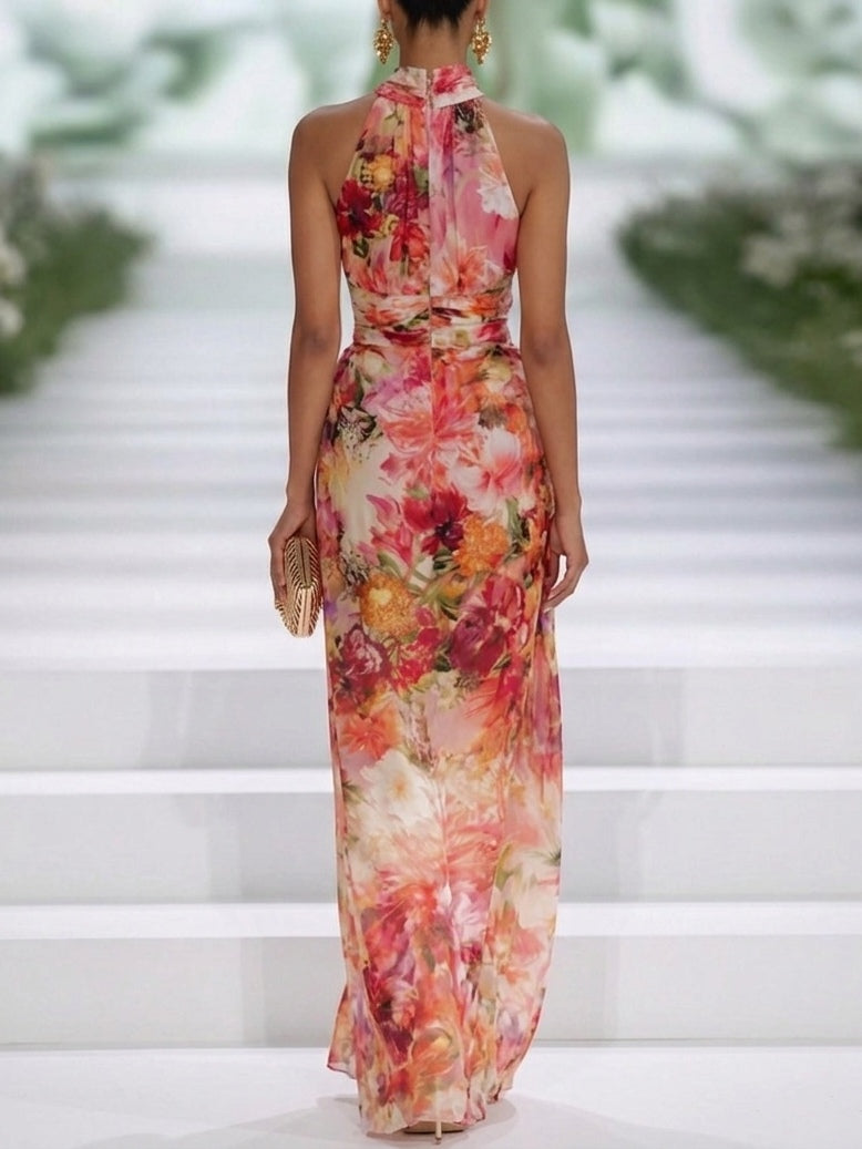 Röd Chiffon Blommig Halterneck Ärmlös Maxi Klänning