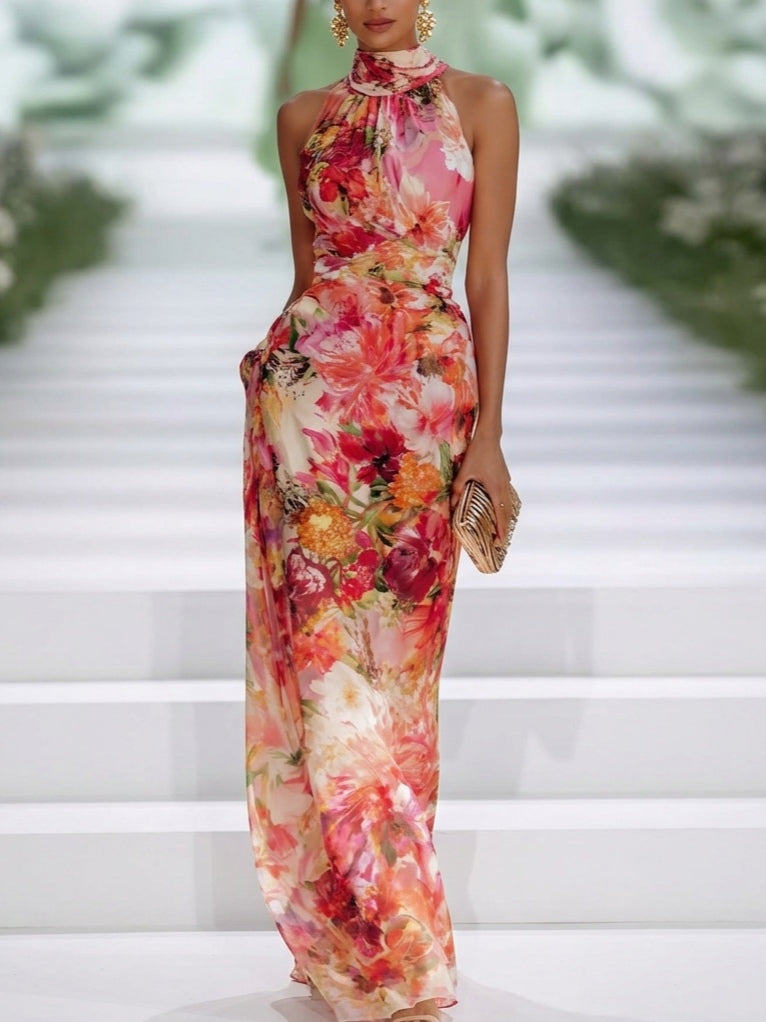 Röd Chiffon Blommig Halterneck Ärmlös Maxi Klänning