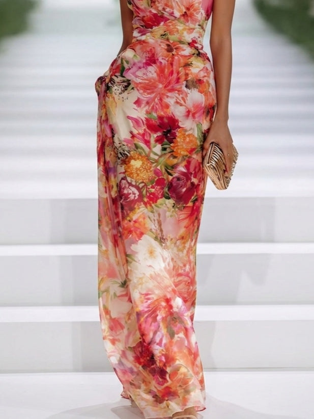 Fae | Rød Chiffon Blomstret Uden Ærmer Maxi Kjole