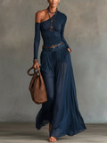 Lore | Marineblå One-shoulder Top Og Nederdel To-dels Sæt (+ Gratis Bælte)
