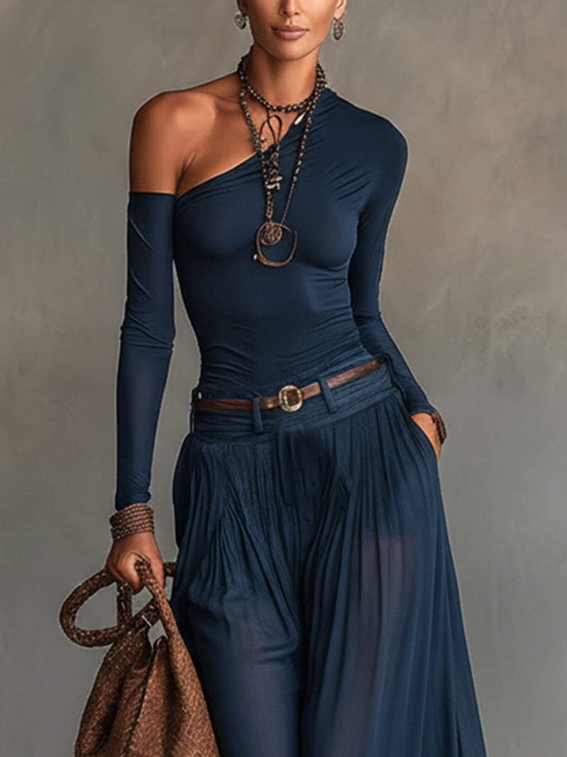 Lore | Marineblå One-shoulder Top Og Nederdel To-dels Sæt (+ Gratis Bælte)