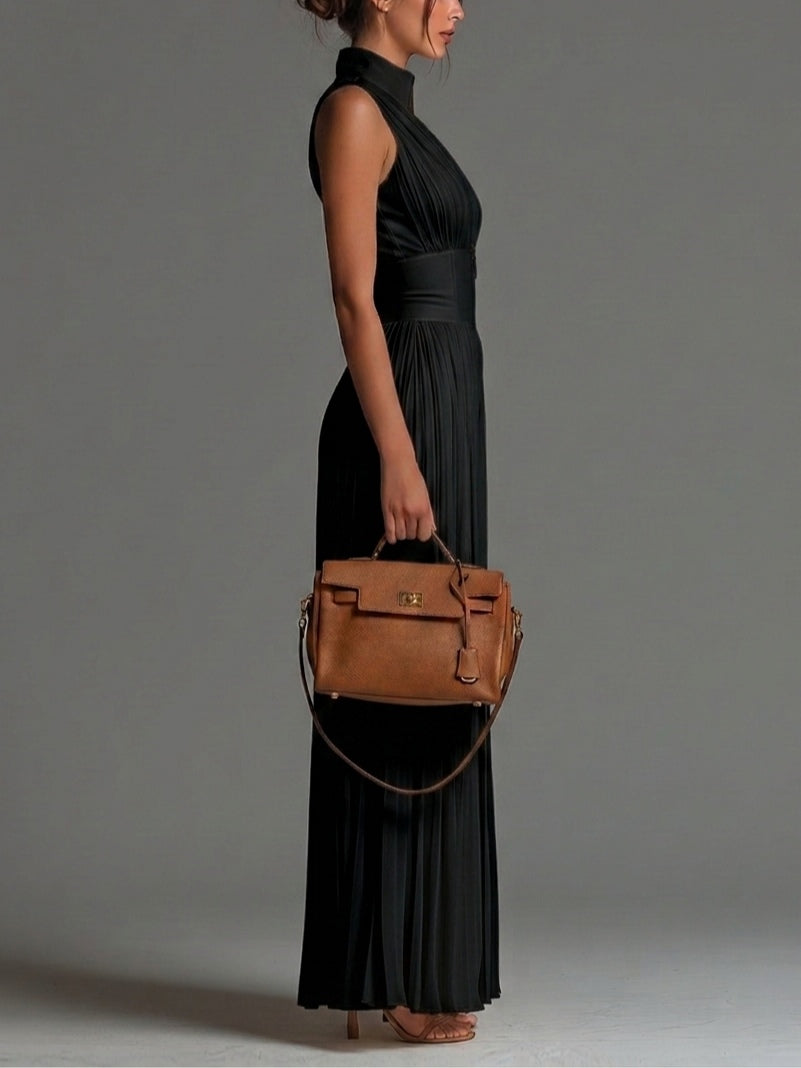Svart V-ringad ärmlös dragkedja plisserad vidbenad chiffong jumpsuit