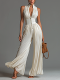 Vit V-ringad ärmlös dragkedja plisserad vida byxor chiffong jumpsuit