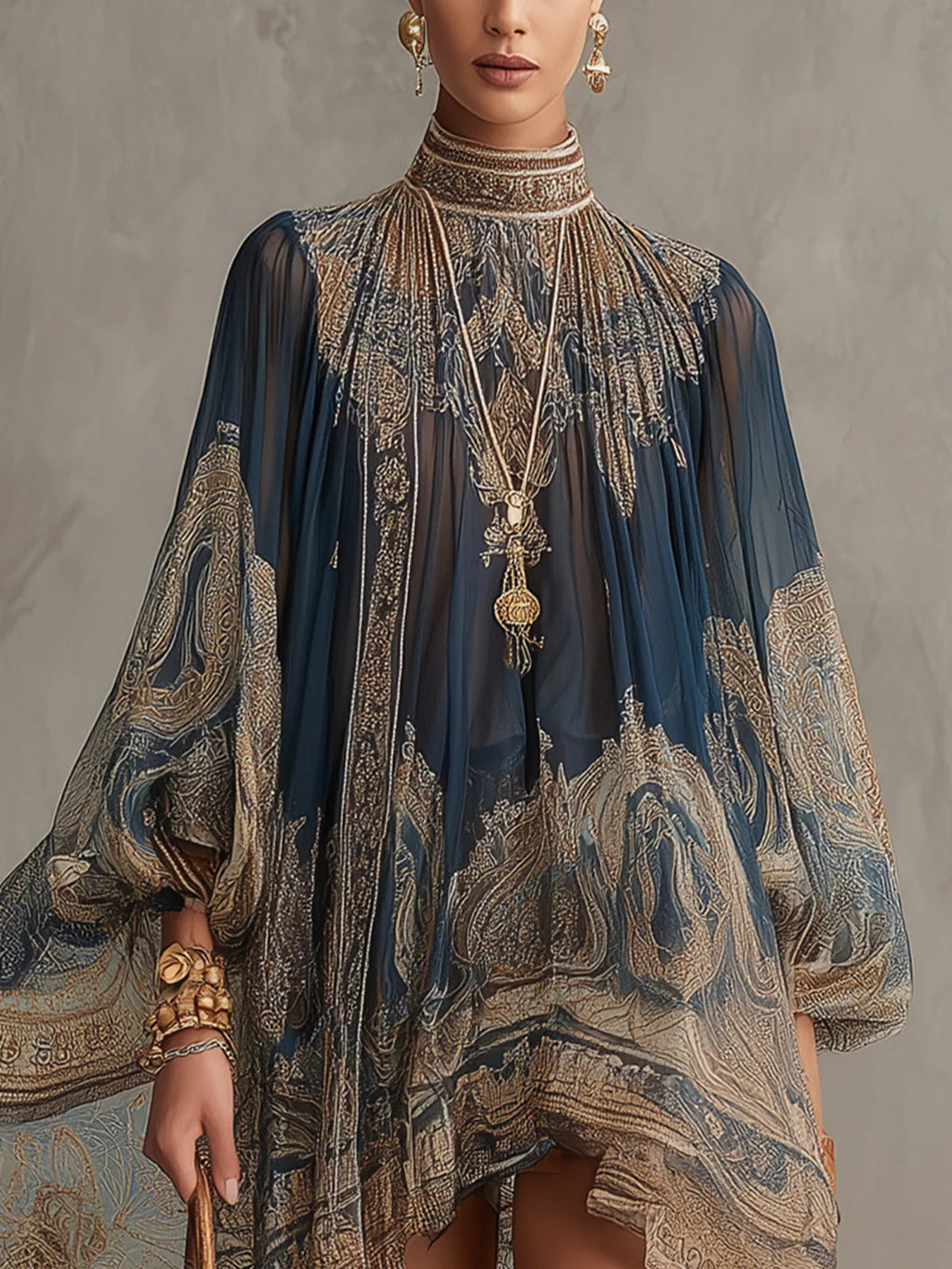 Marinblå Barocktryck Höghalsad Oregelbunden Chiffon Miniklänning