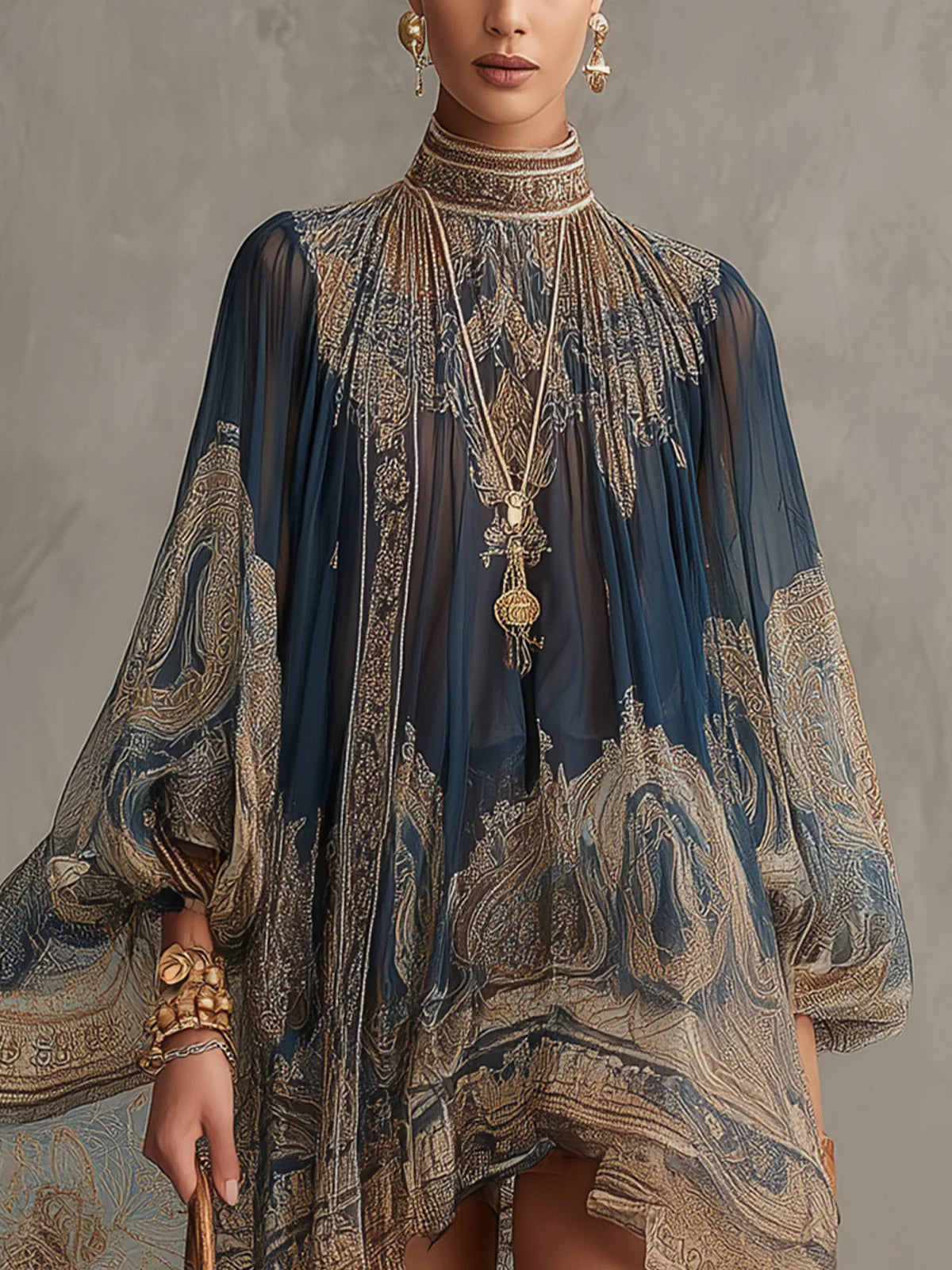 Marinblå Barocktryck Höghalsad Oregelbunden Chiffon Miniklänning