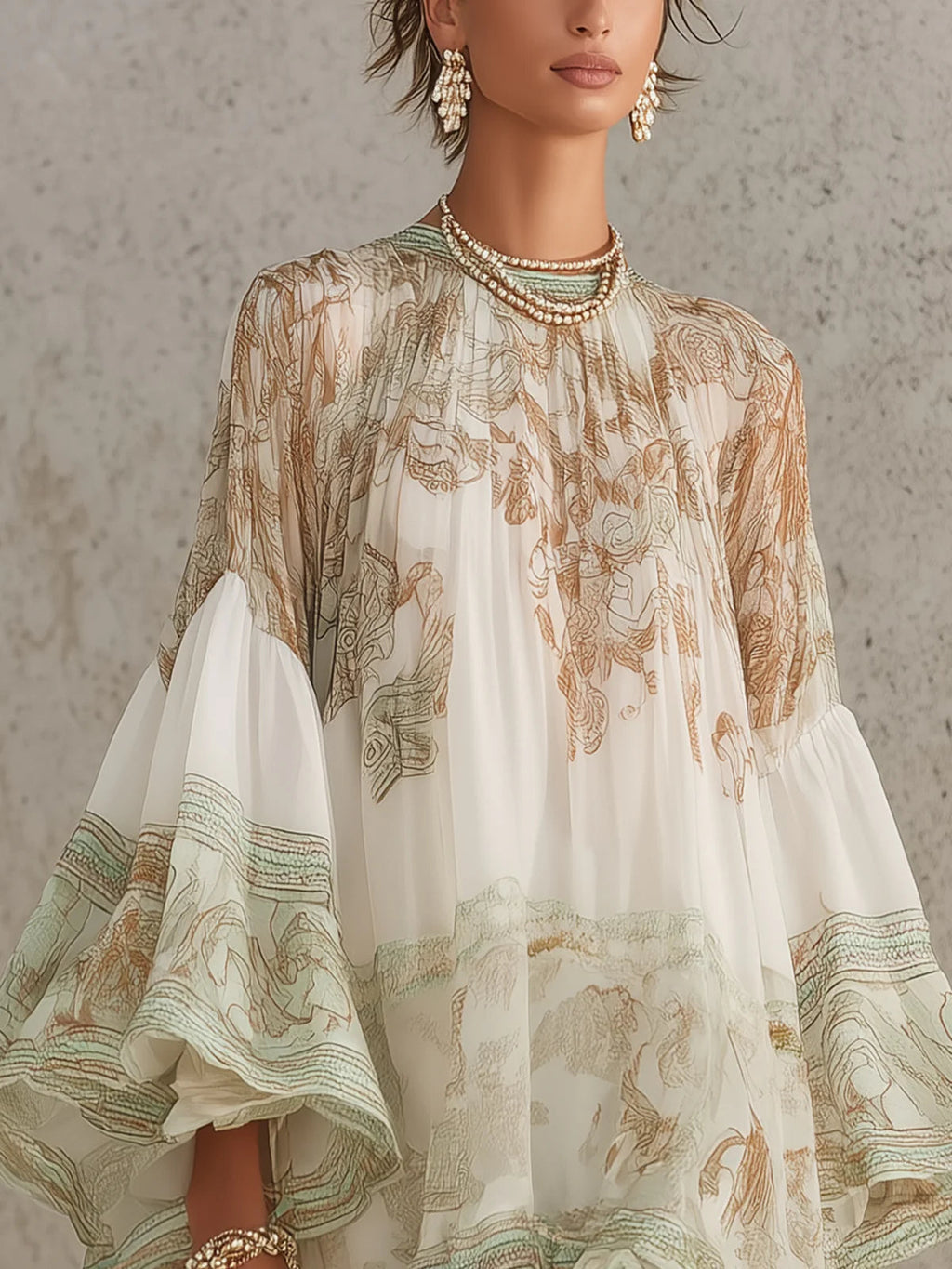 Grön Print Volangkant Flounce Ärmar Chiffon Mini Klänning