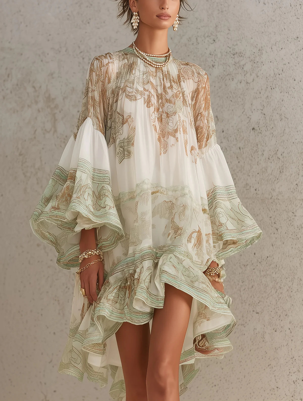 Grön Print Volangkant Flounce Ärmar Chiffon Mini Klänning