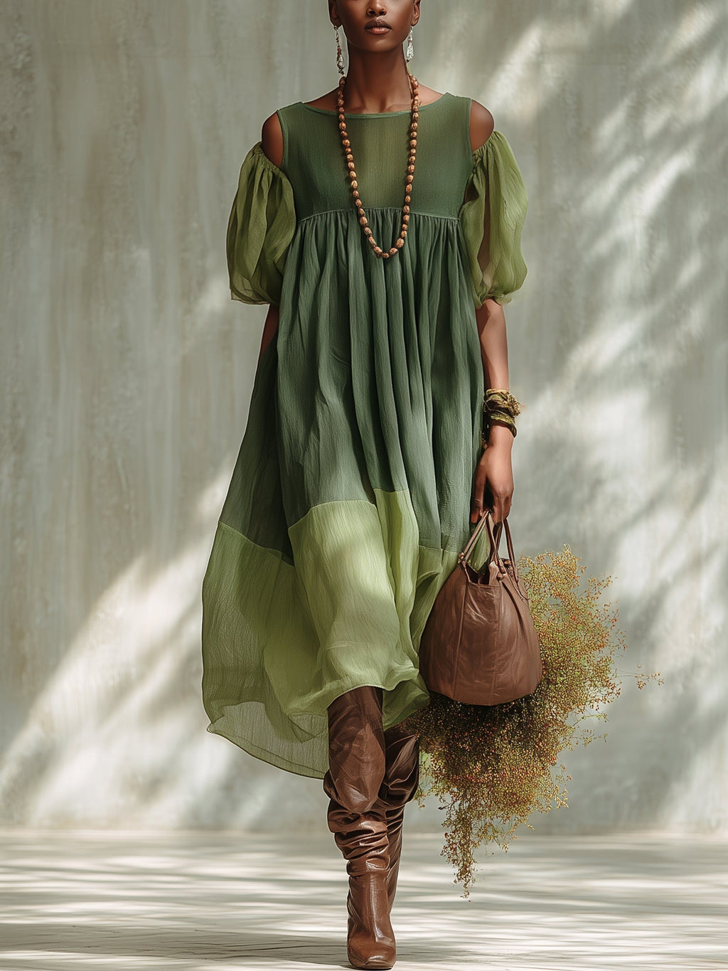 Grön Chiffon Off Shoulder Kortärmad Midi Klänning