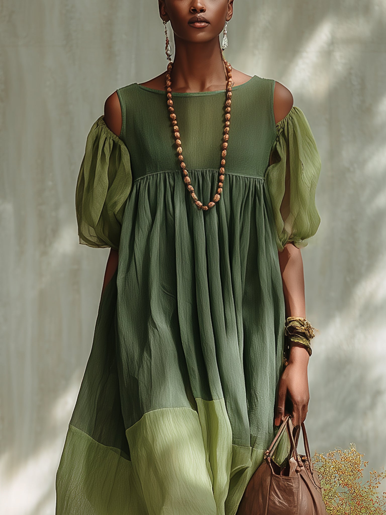 Grön Chiffon Off Shoulder Kortärmad Midi Klänning