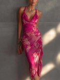 Fuchsia Blommönstrad Ärmlös Rynkad Sidodelad Bodycon Klänning
