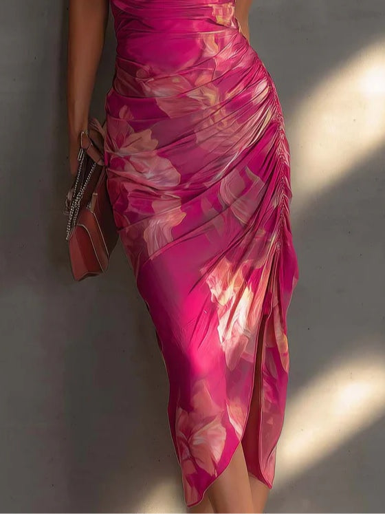 Fuchsia Blommönstrad Ärmlös Rynkad Sidodelad Bodycon Klänning