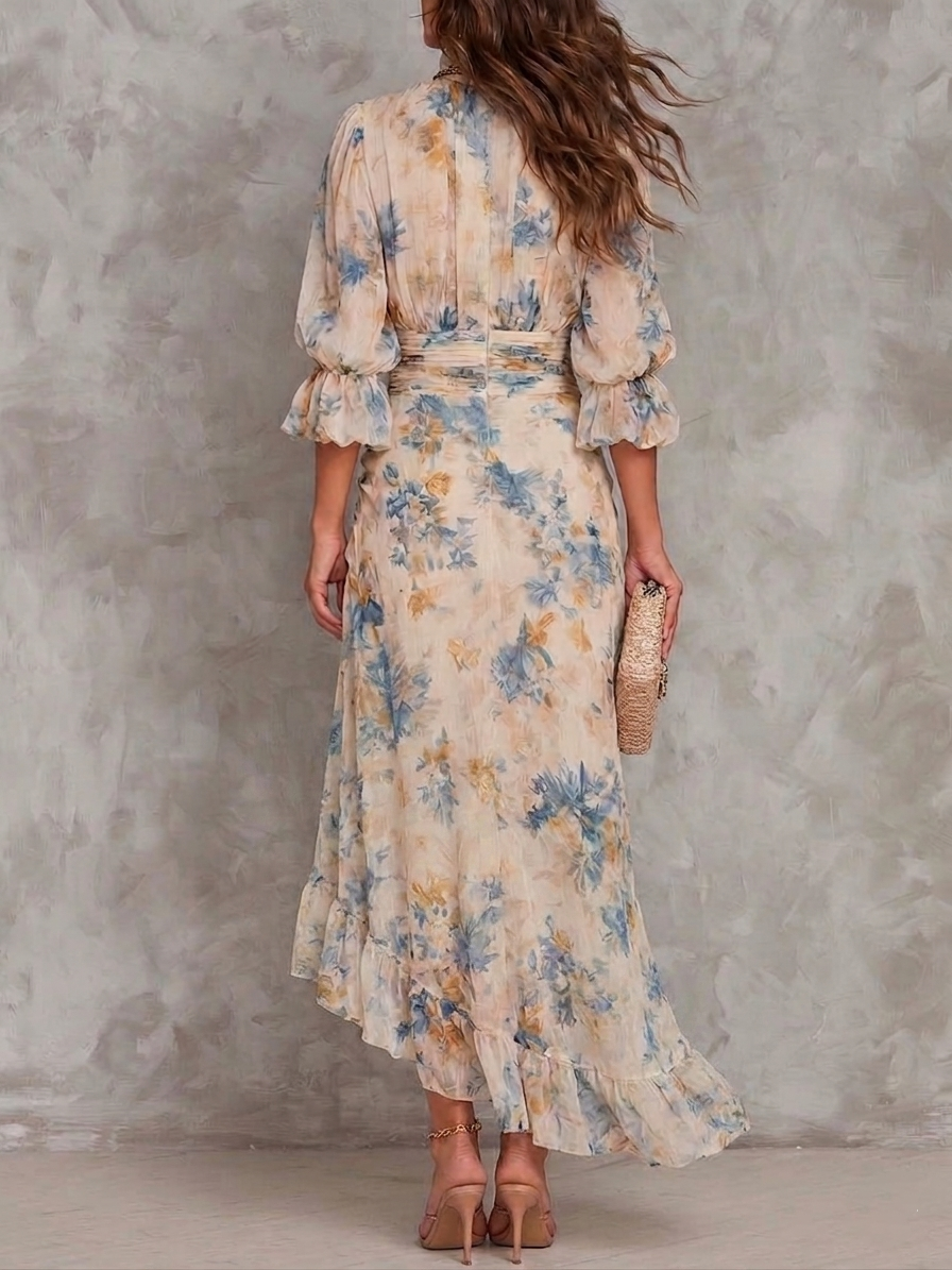 Beige Turtleneck Oljemålning Blommönster Oregelbunden Chiffon Maxi Klänning