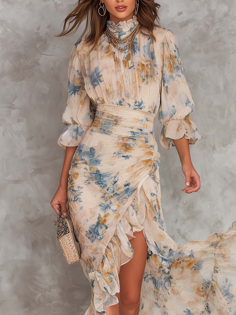 Beige Turtleneck Oljemålning Blommönster Oregelbunden Chiffon Maxi Klänning