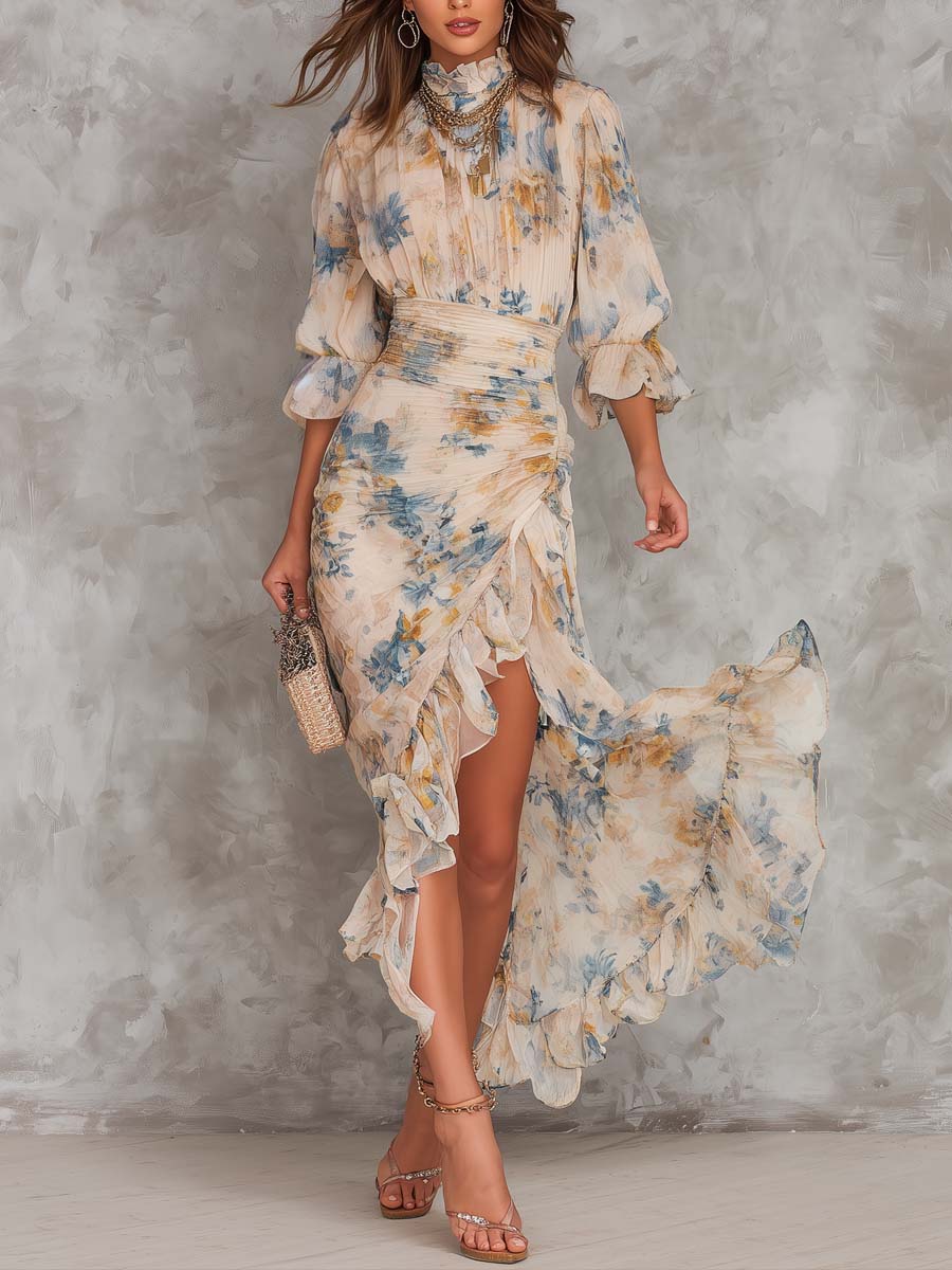 Beige Turtleneck Oljemålning Blommönster Oregelbunden Chiffon Maxi Klänning