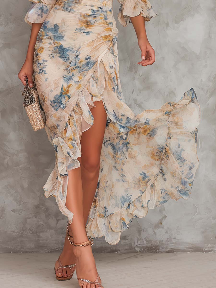 Beige Turtleneck Oljemålning Blommönster Oregelbunden Chiffon Maxi Klänning