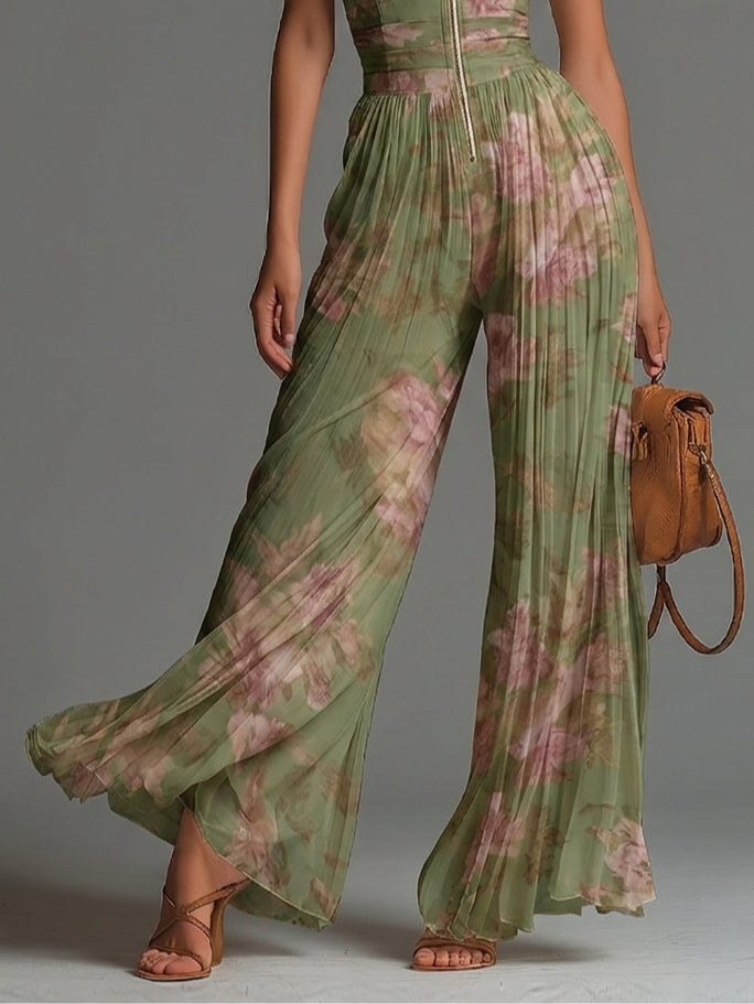 Grön Blommig V-ringad Ärmlös Dragkedja Plisserad Bredbenad Chiffon Jumpsuit