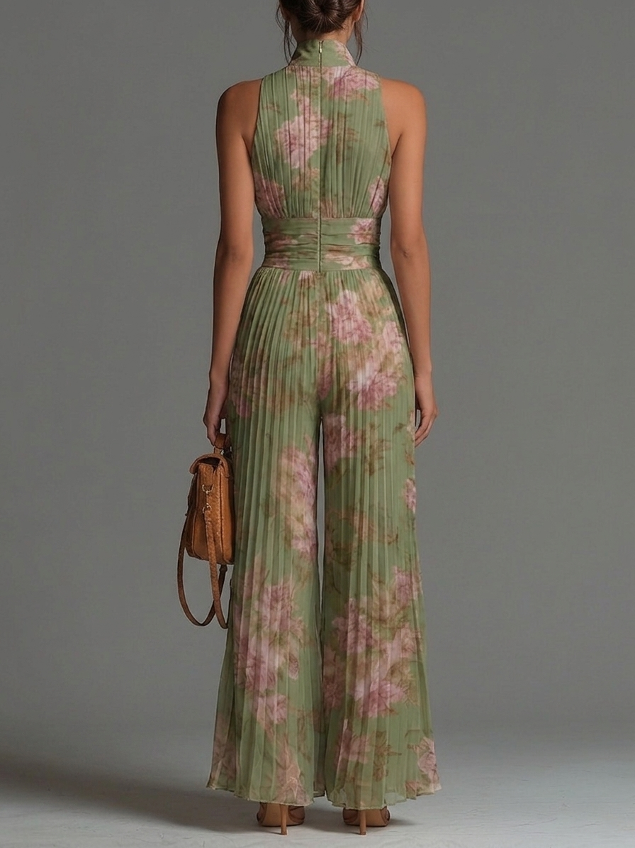 Grön Blommig V-ringad Ärmlös Dragkedja Plisserad Bredbenad Chiffon Jumpsuit