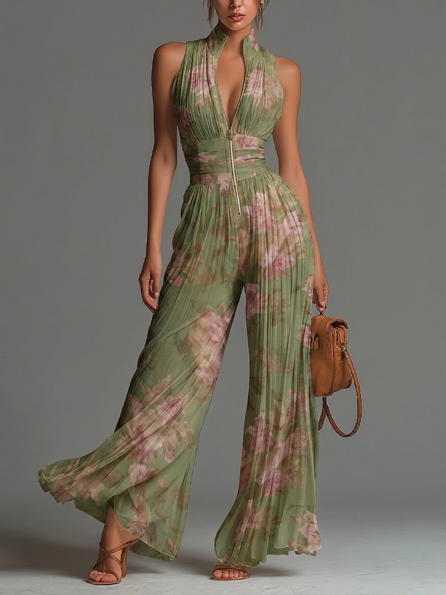 Grön Blommig V-ringad Ärmlös Dragkedja Plisserad Bredbenad Chiffon Jumpsuit