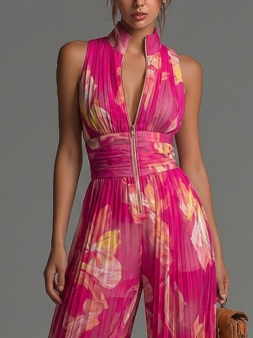 Fuchsia Blommig Tryckärmlös Dragkedja Plisserad Vida Chiffon Jumpsuit