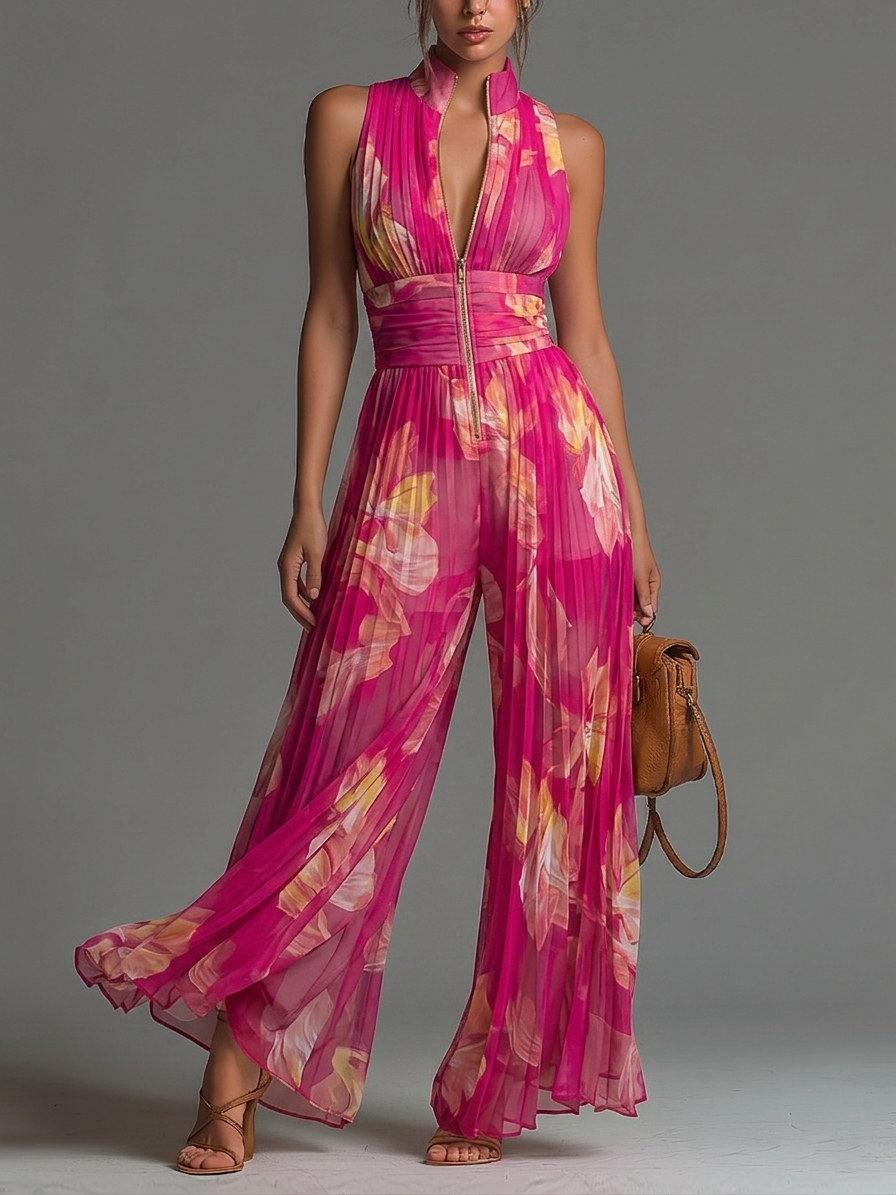 Fuchsia Blommig Tryckärmlös Dragkedja Plisserad Vida Chiffon Jumpsuit
