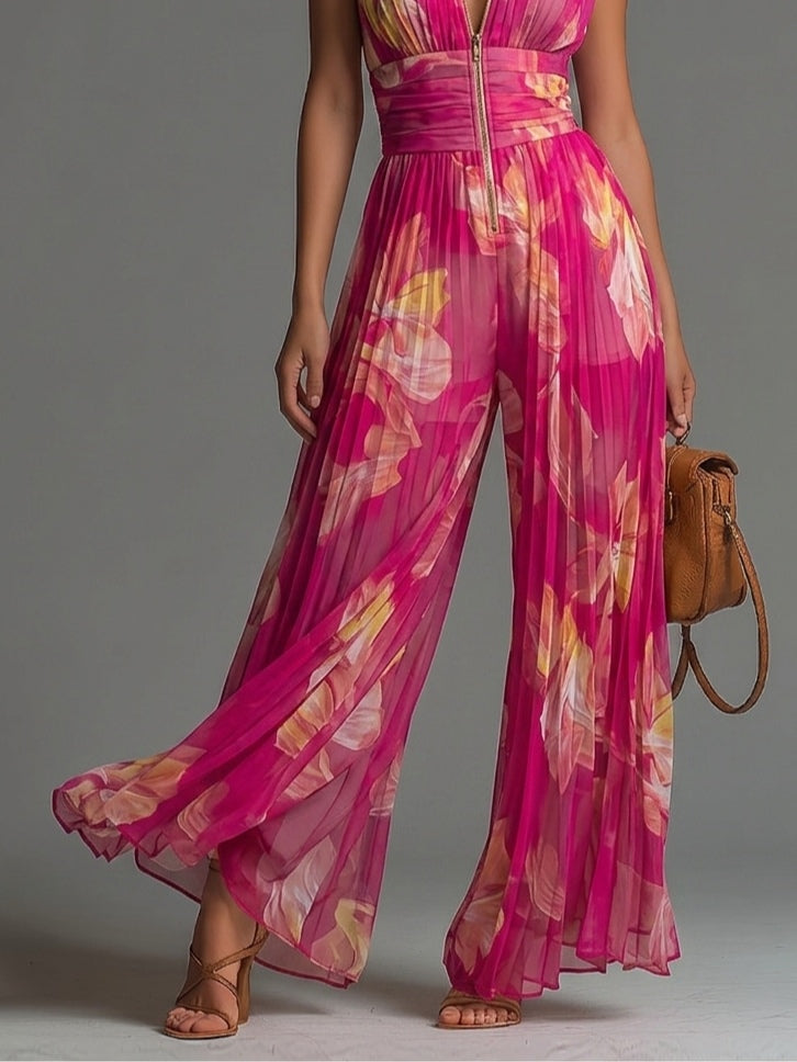 Fuchsia Blommig Tryckärmlös Dragkedja Plisserad Vida Chiffon Jumpsuit