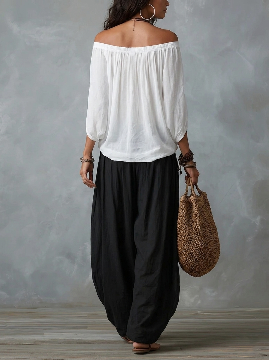 Vit Off-shoulder Top och Löst sittande Lanternbyxor Set
