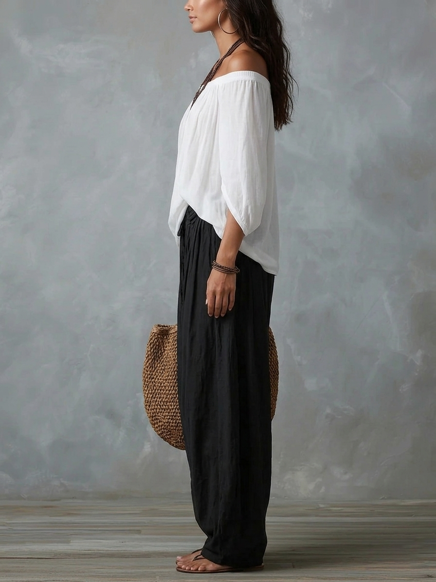 Vit Off-shoulder Top och Löst sittande Lanternbyxor Set