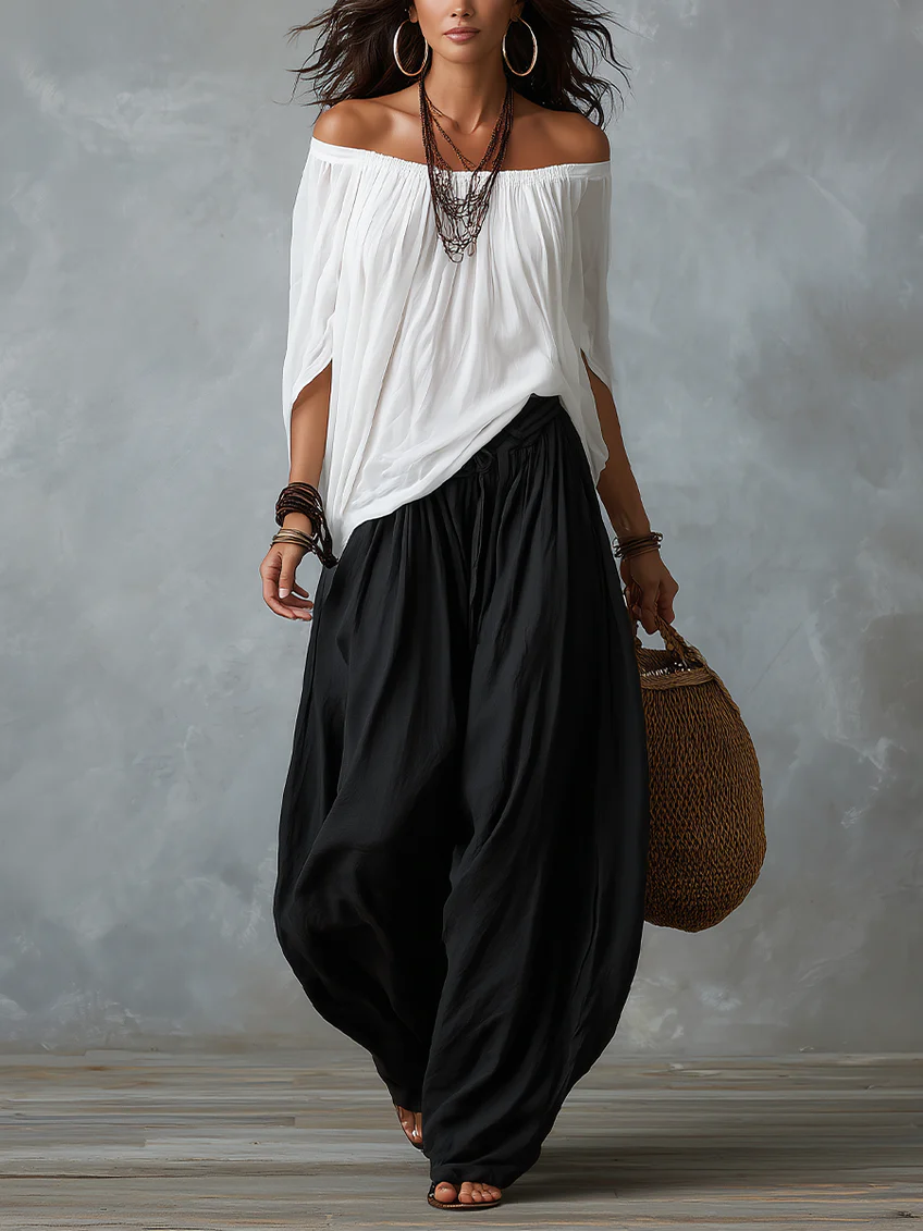Vit Off-shoulder Top och Löst sittande Lanternbyxor Set