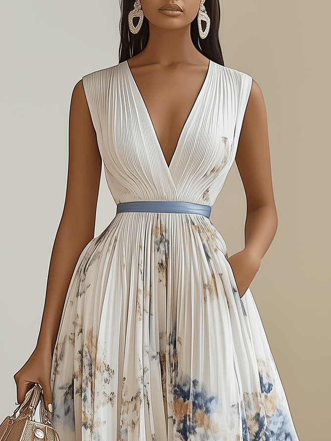 Chloe | Hvid Blomster Chiffon V-Hals Plisseret Midi Kjole