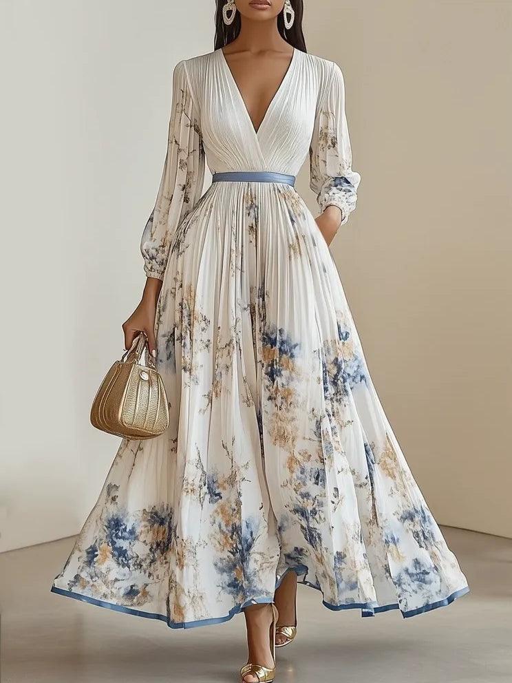 Amalia | Hvid Blomster Chiffon Ballonærme Maxi Kjole