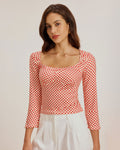 Röd Prickig U-Hals Bell Sleeve T-shirt
