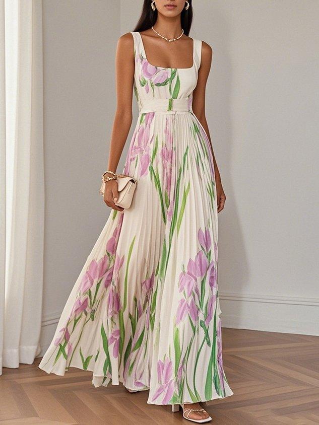 Marie | Hvid Plisseret Blomster Chiffon Maxi Kjole