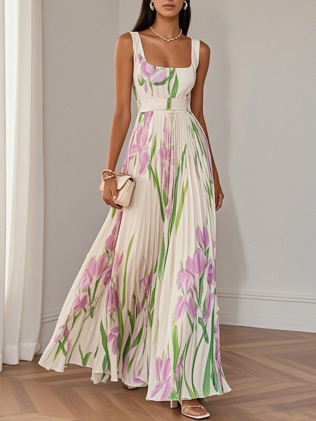 Marie | Hvid Plisseret Blomster Chiffon Maxi Kjole
