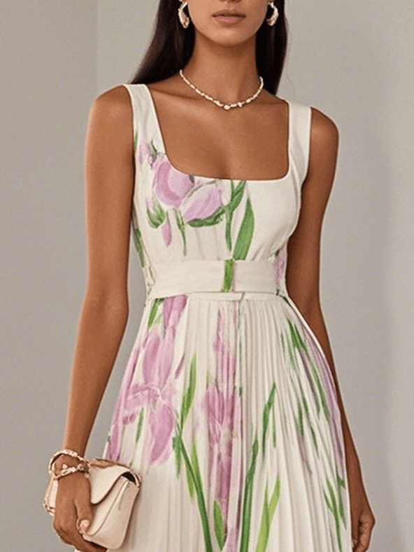 Marie | Hvid Plisseret Blomster Chiffon Maxi Kjole