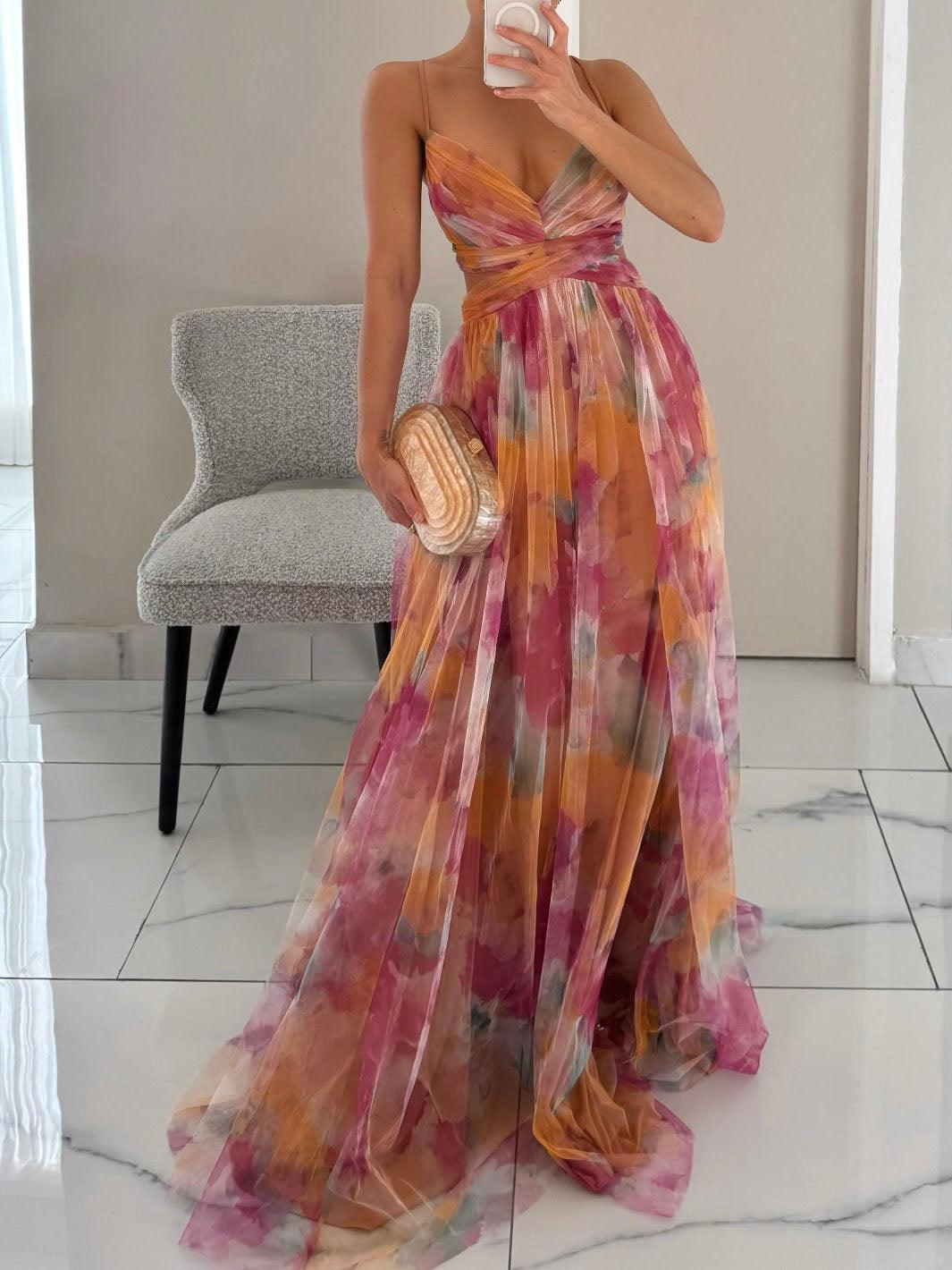 Karen | Malet Blomsterprint V-Hals Maxi Kjole