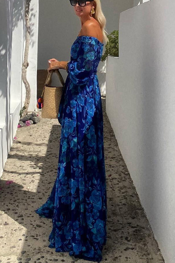 Luna™ | Lang kjole med blomsterprint og off-the-shoulder ærmer