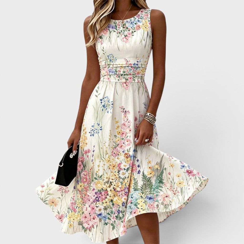 Sofie | Blomstret Midi Kjole Uden Ærmer