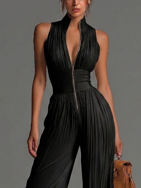 Svart V-ringad ärmlös dragkedja plisserad vidbenad chiffong jumpsuit