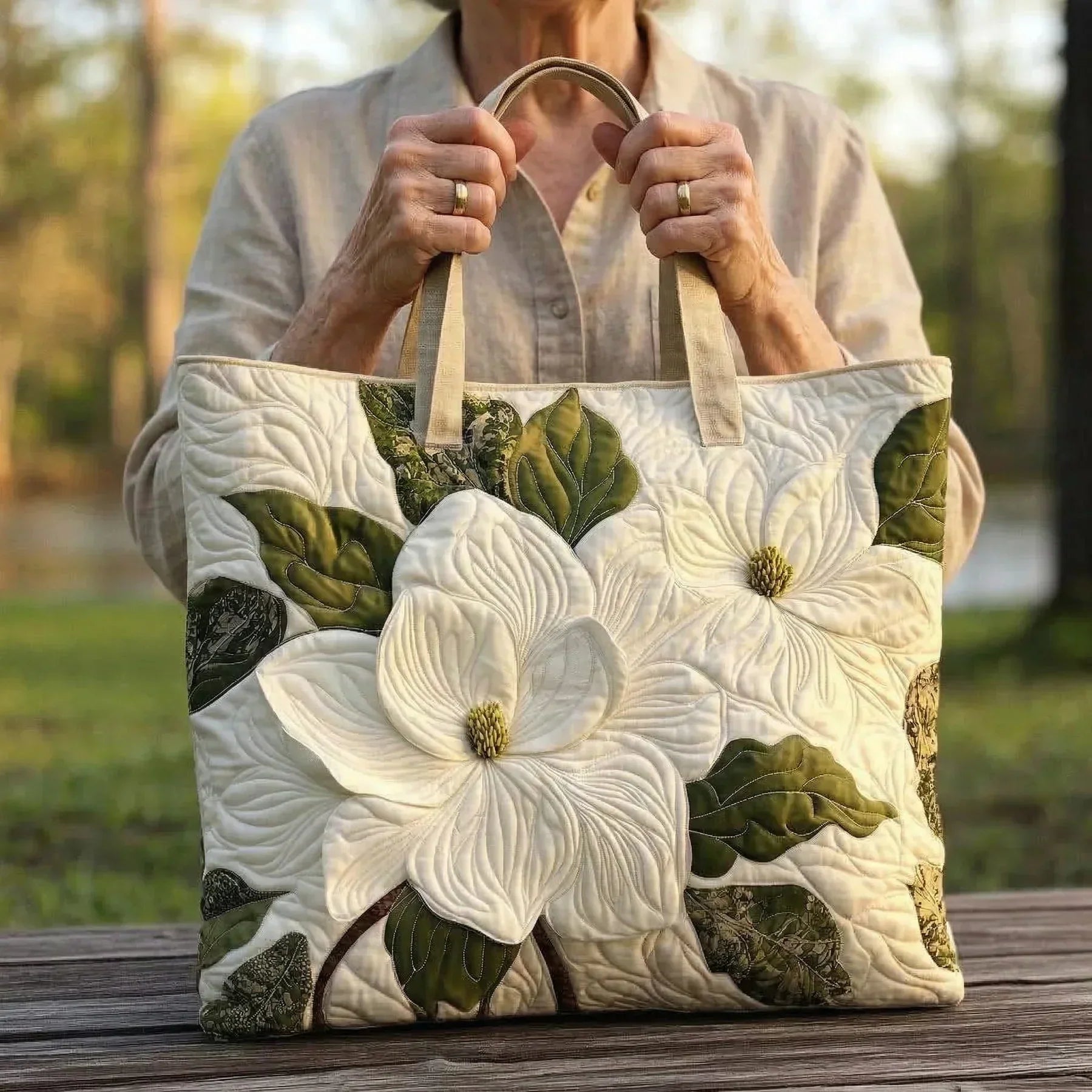 HANDSYDD VÄSKA - VITA BLOMMOR