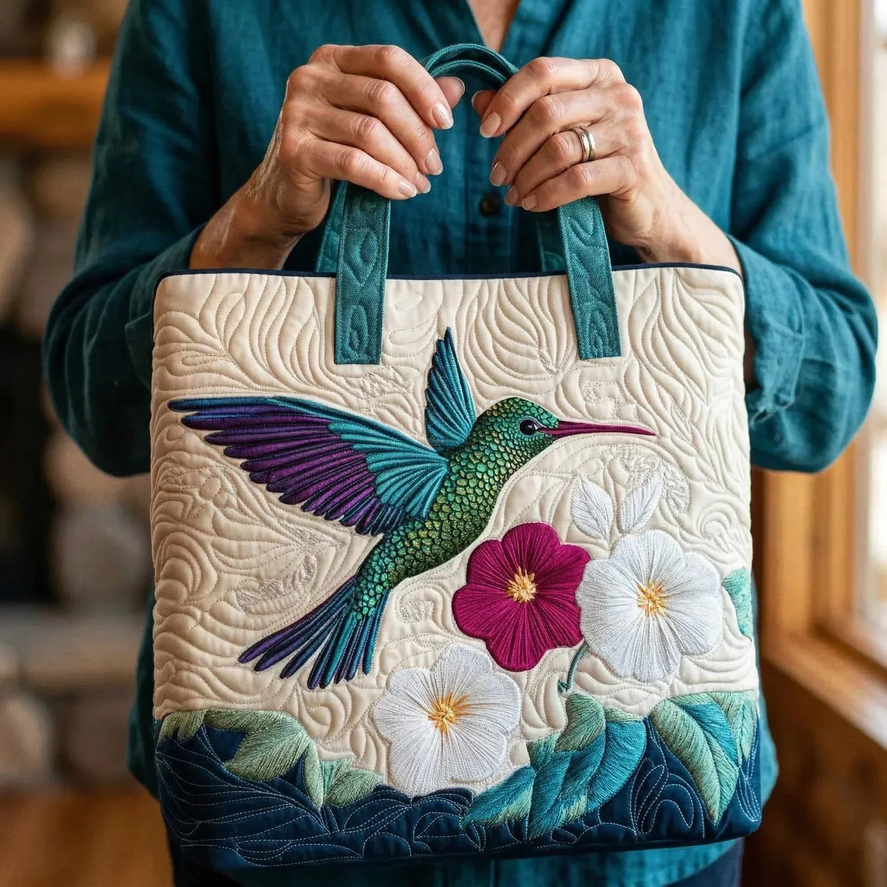 HÅNDLAVET VÄSKA - KOLIBRI OCH BLOMMOR
