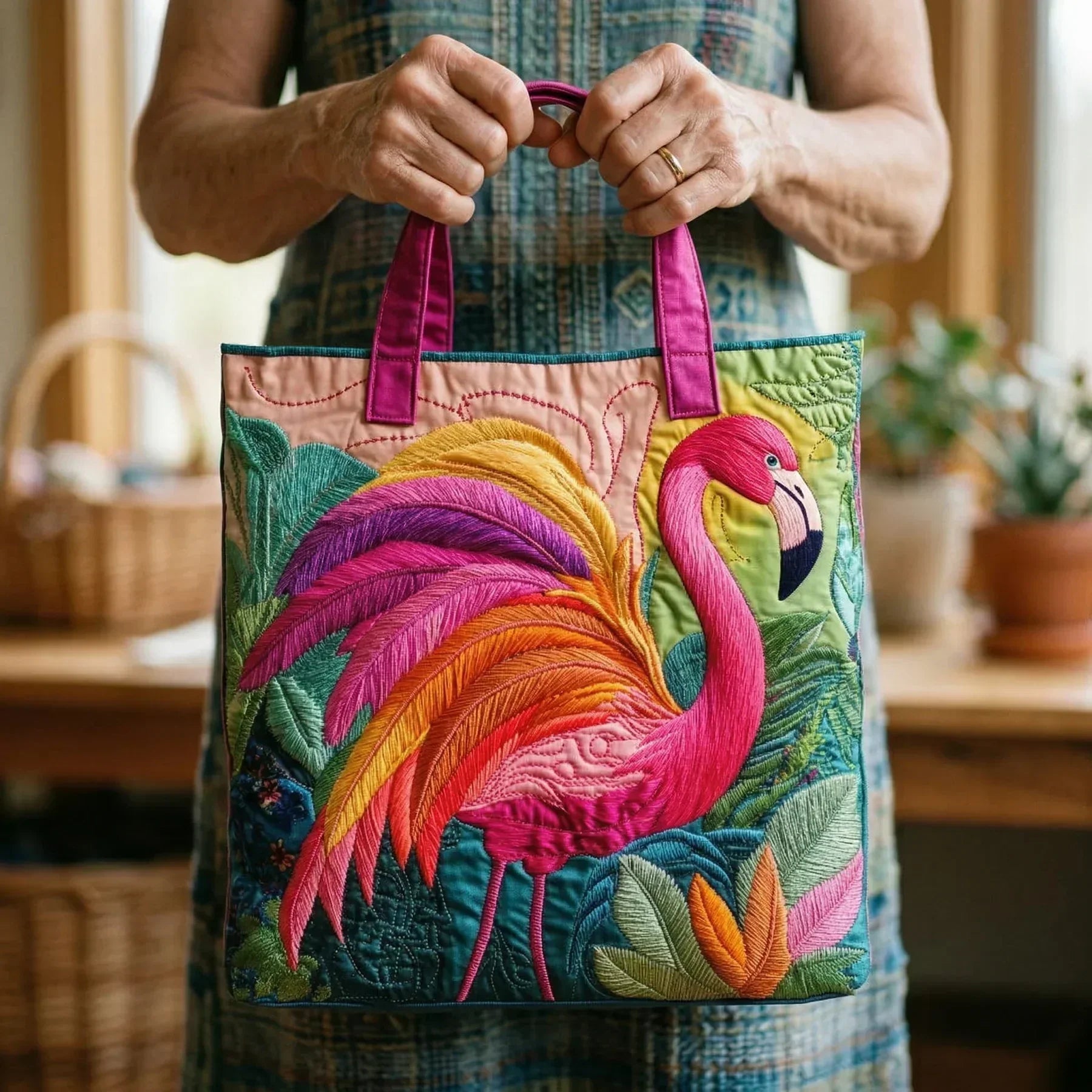 HANDSYDD VÄSKA - FLAMINGO OCH REGNBÅGE