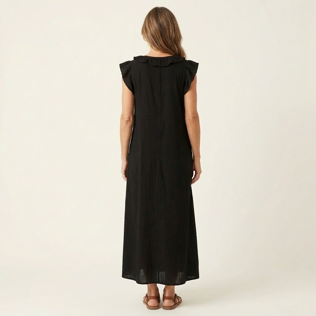 Josette | Volang V-ringad Linne Maxi Klänning