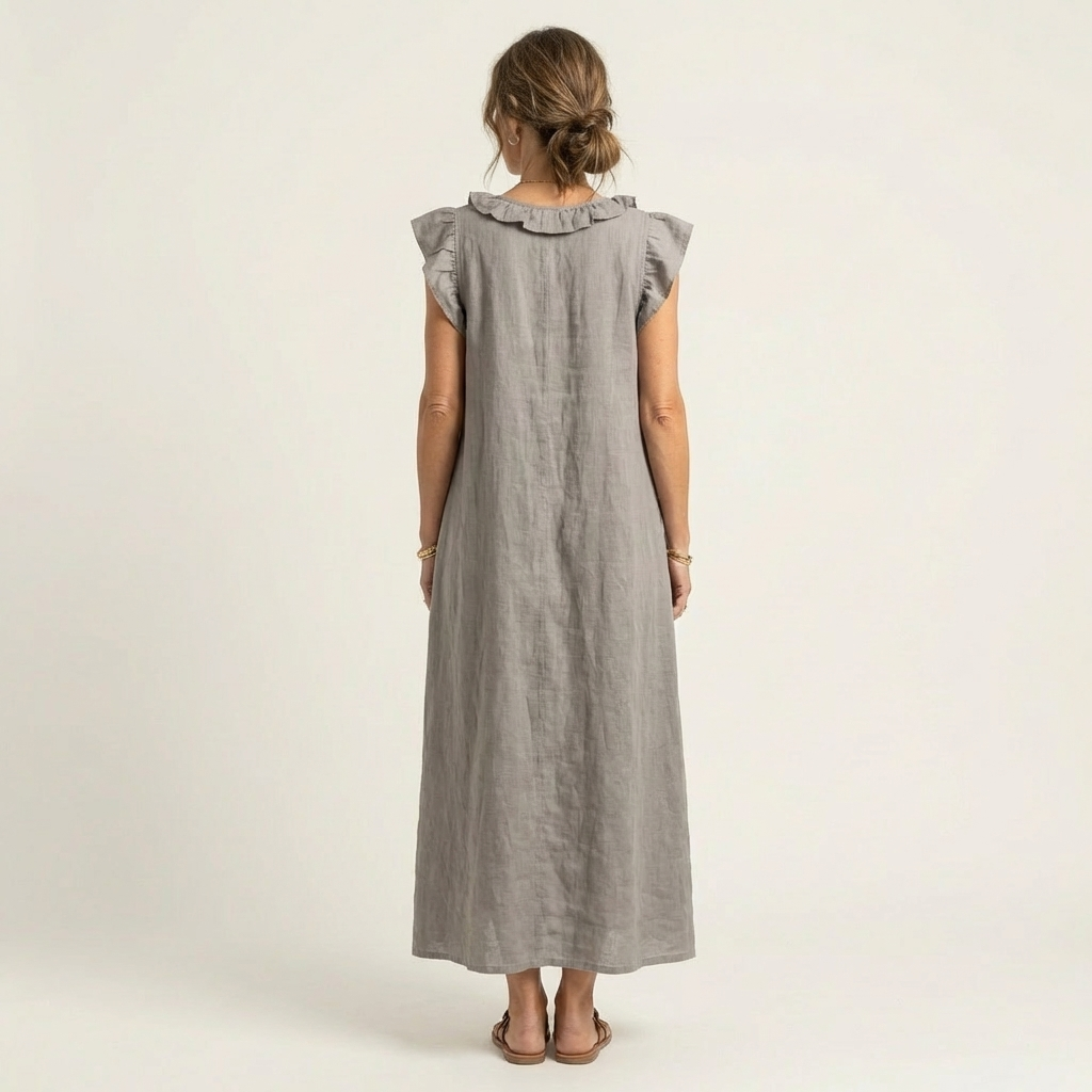 Josette | Volang V-ringad Linne Maxi Klänning