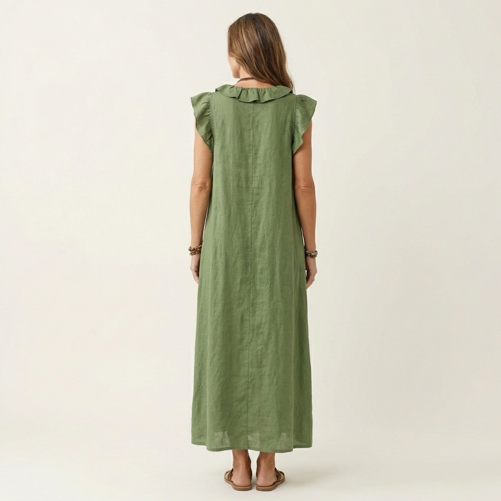 Josette | Volang V-ringad Linne Maxi Klänning