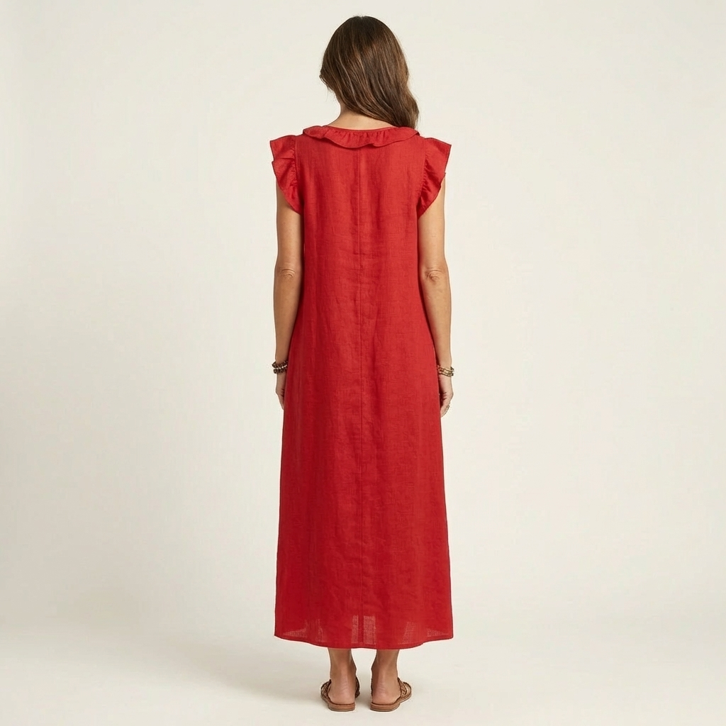 Josette | Volang V-ringad Linne Maxi Klänning