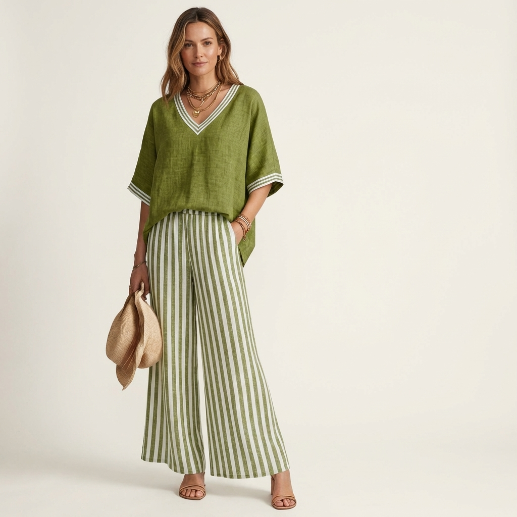 Juliana | V-ringad Varsity Topp & Randig Vidbyx Set